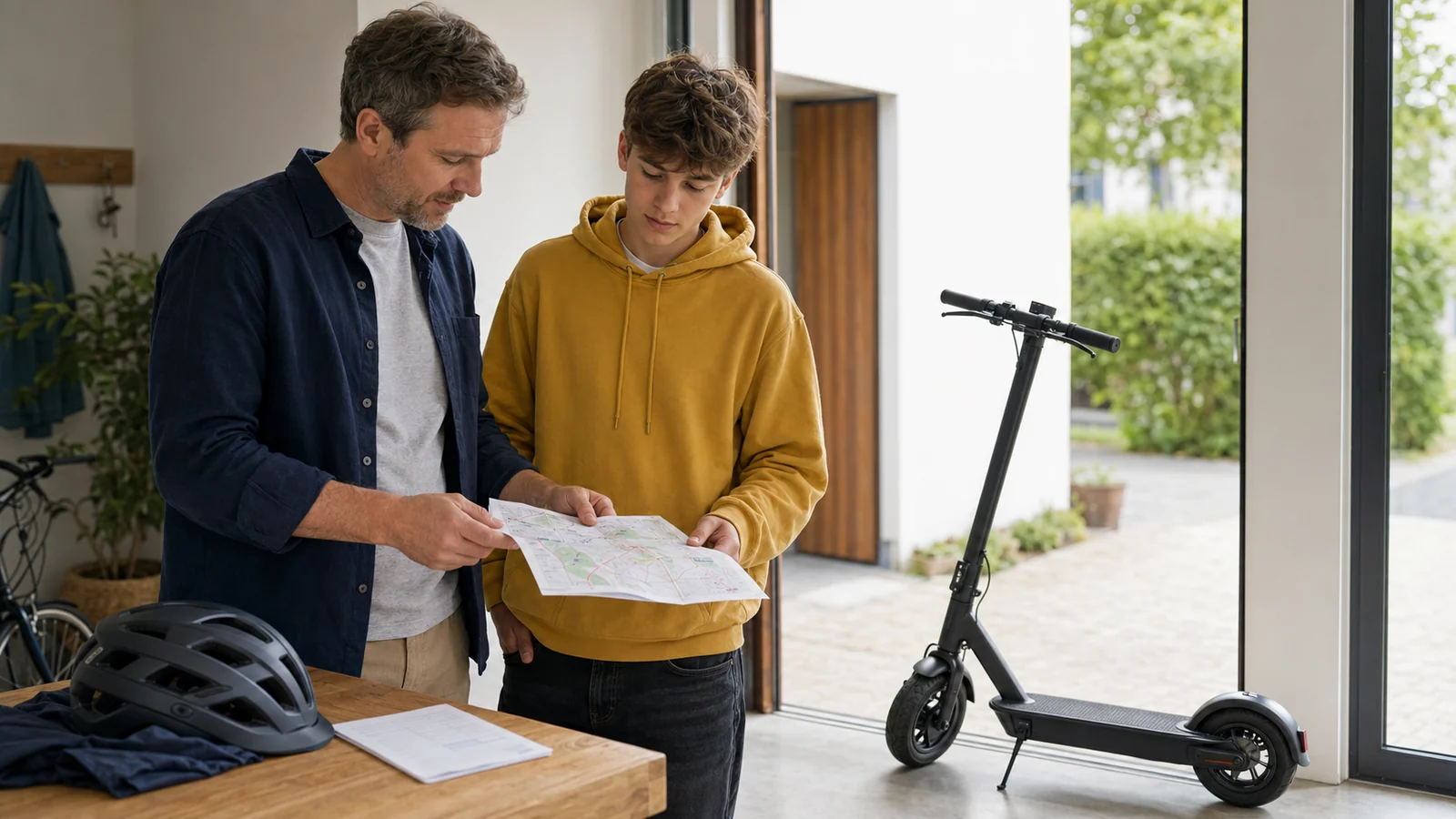 Vater und Jugendlicher schauen gemeinsam auf eine Karte, daneben E-Scooter und Helm