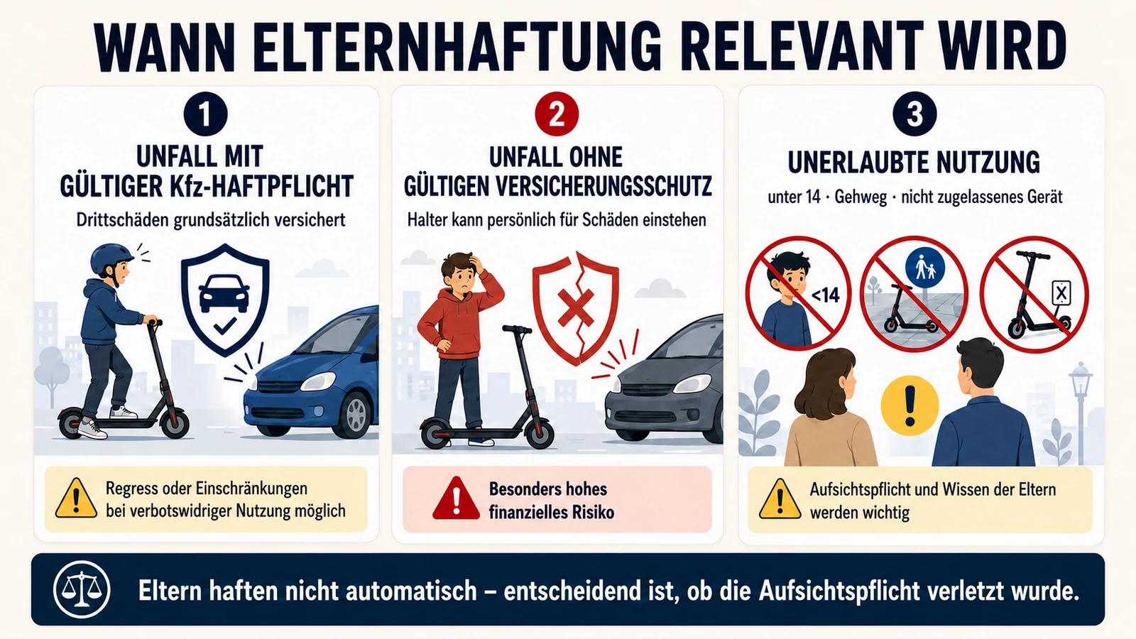 Infografik: drei Szenarien, wann Elternhaftung beim E-Scooter relevant wird