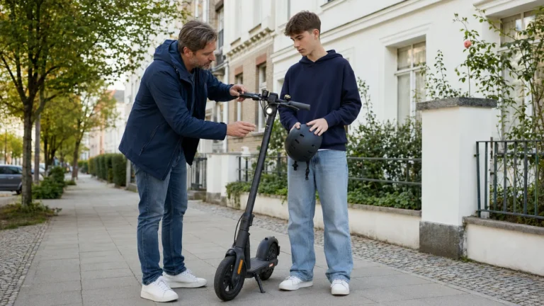 Vater und Jugendlicher besprechen an einem geparkten E-Scooter die Regeln