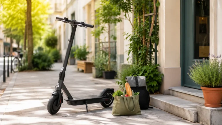 E-Scooter mit kleiner Einkaufstasche für kurze Erledigungen in der Stadt