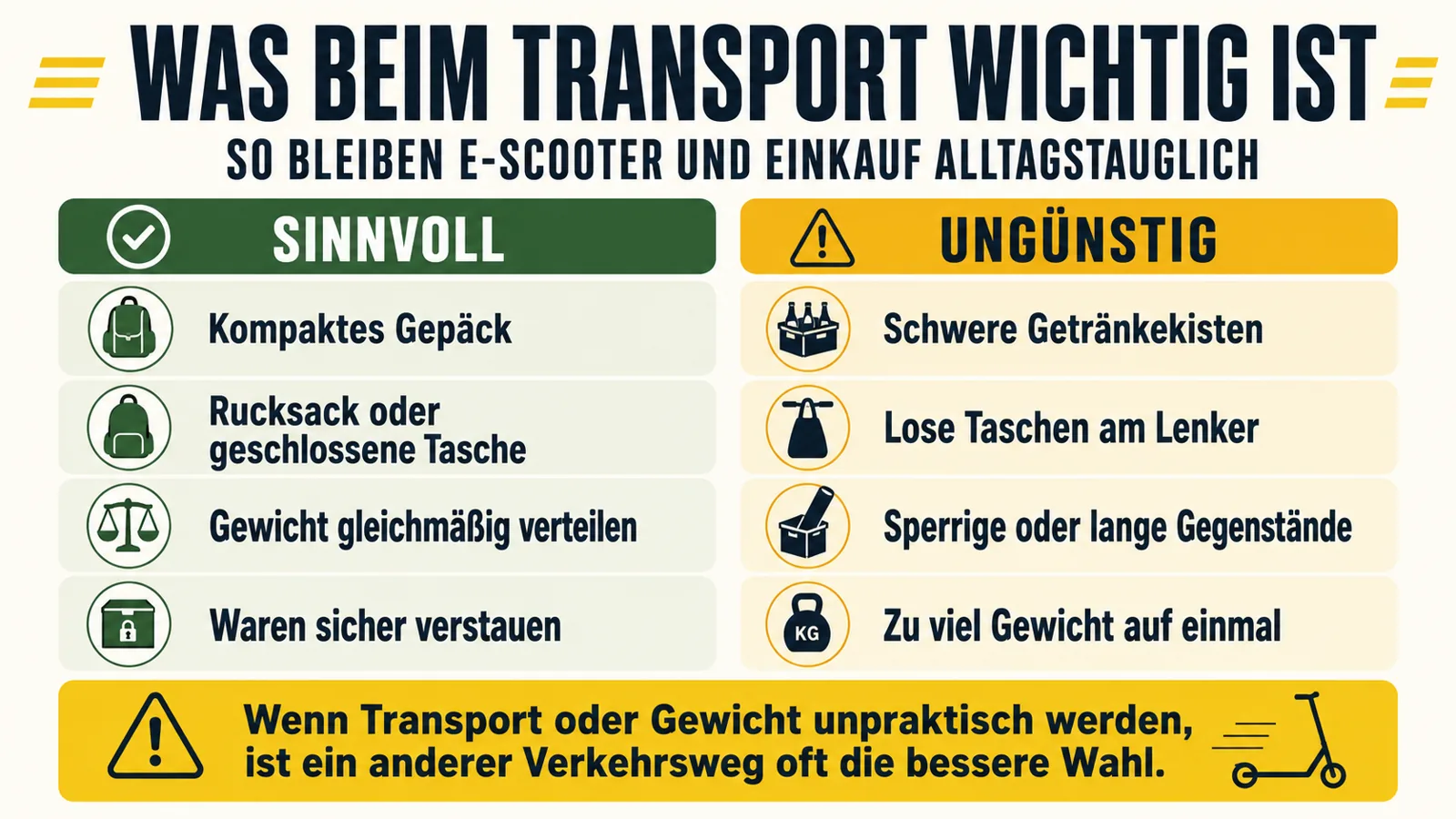 Infografik: was beim Transport von Einkäufen auf dem E-Scooter wichtig ist