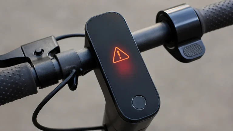Nahaufnahme E-Scooter-Display mit orangefarbenem Warndreieck zur Fehlerdiagnose