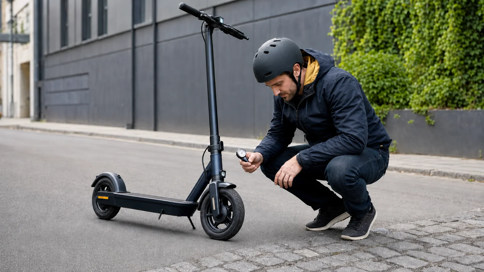 Fahrer mit Helm prüft am Straßenrand den Reifendruck seines E-Scooters