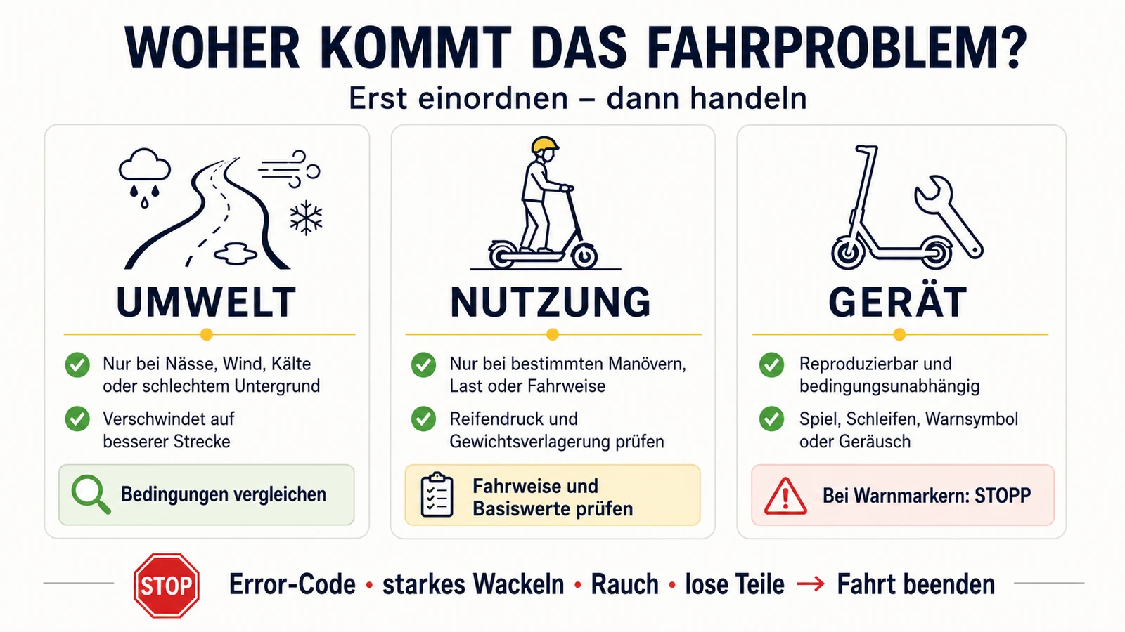 Infografik: E-Scooter-Fahrprobleme nach Umwelt, Nutzung und Gerät einordnen
