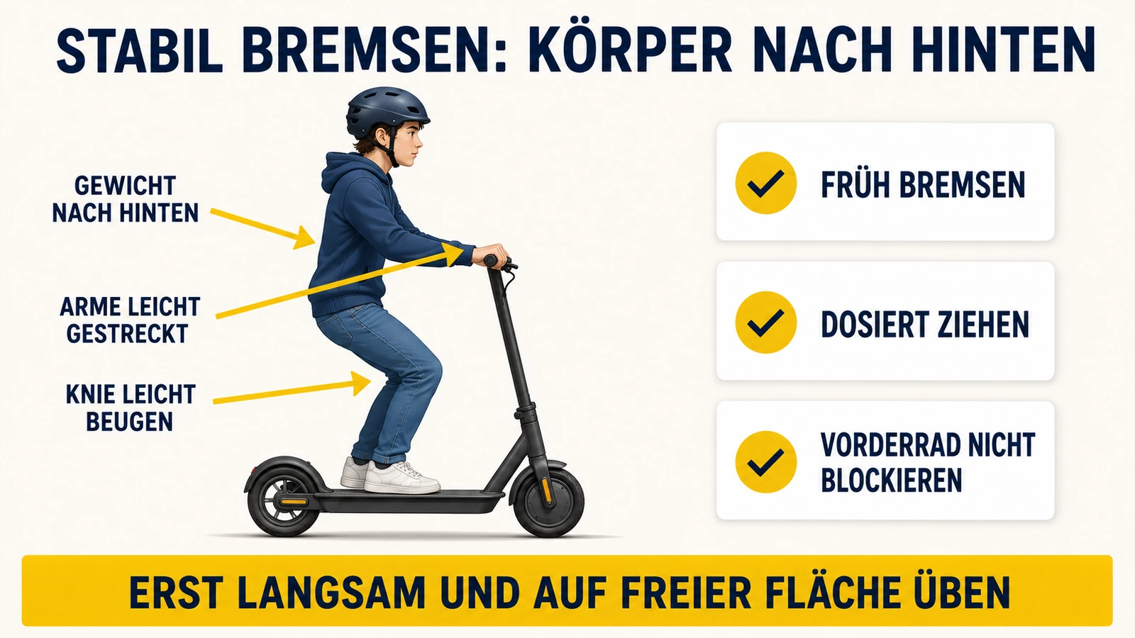 Infografik: stabil bremsen auf dem E-Scooter – Gewicht nach hinten, dosiert ziehen, Vorderrad nicht blockieren