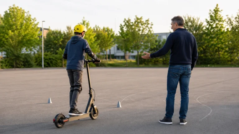 Kind mit Helm übt auf einem E-Scooter zwischen Pylonen, ein Erwachsener begleitet