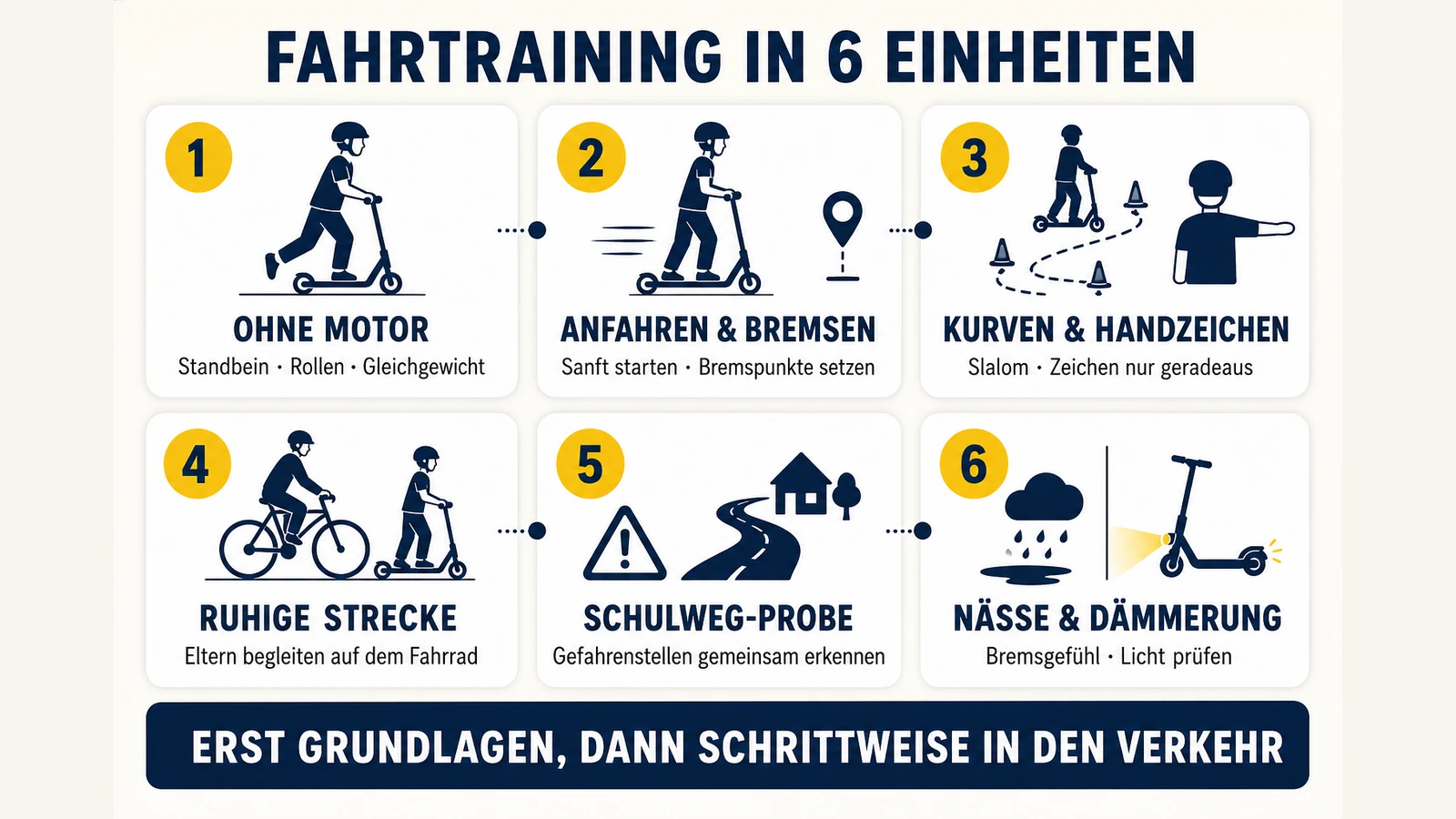 Infografik: Fahrtraining in sechs Einheiten vom motorlosen Rollen bis Nässe und Dämmerung