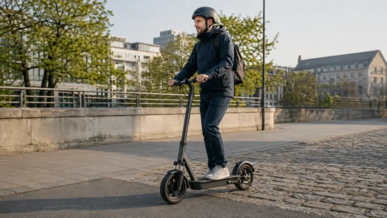 Person fährt mit einem E-Scooter über Kopfsteinpflaster in der Stadt