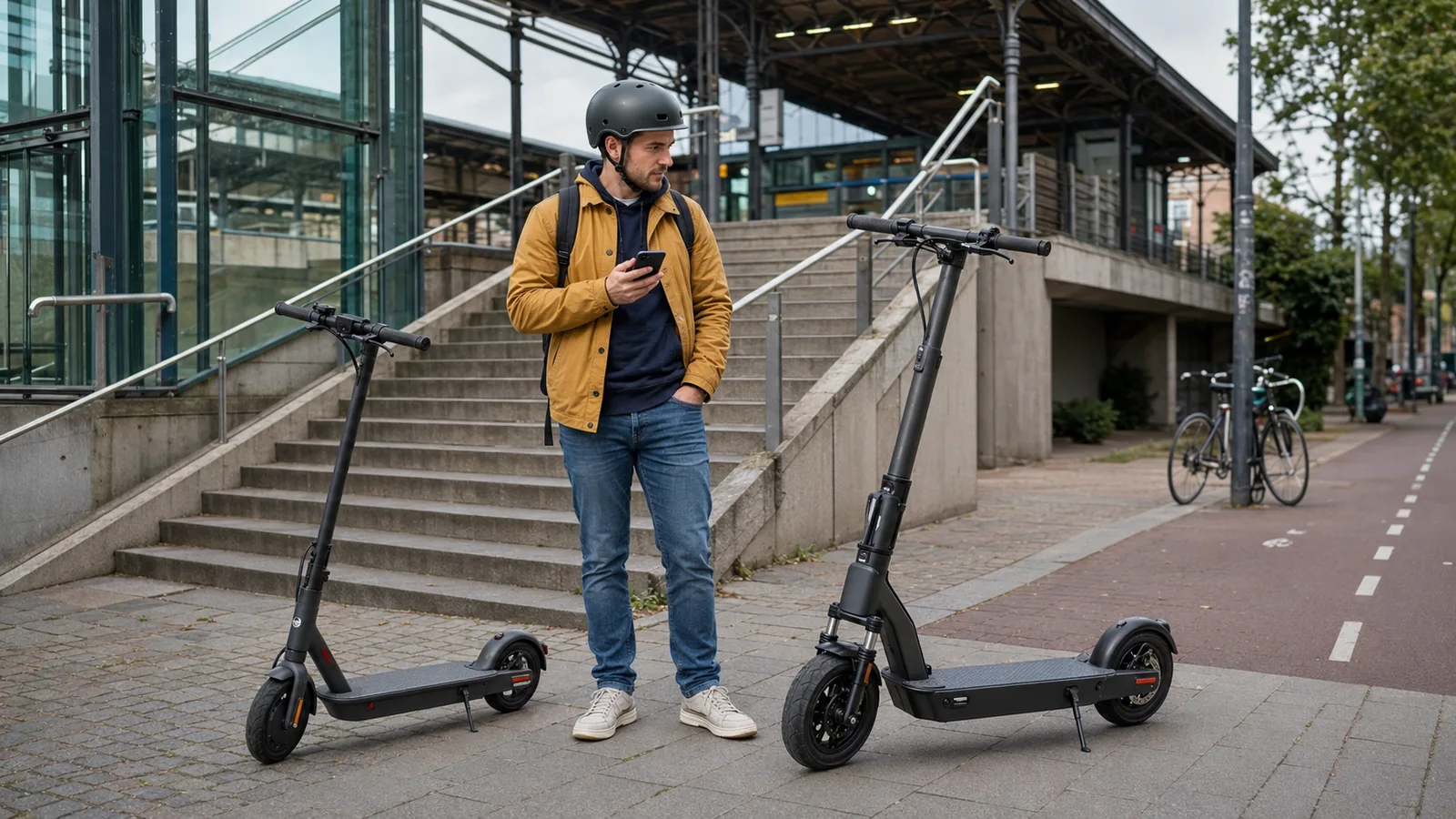 Mann mit Helm und Smartphone steht zwischen zwei E-Scootern an einer Station