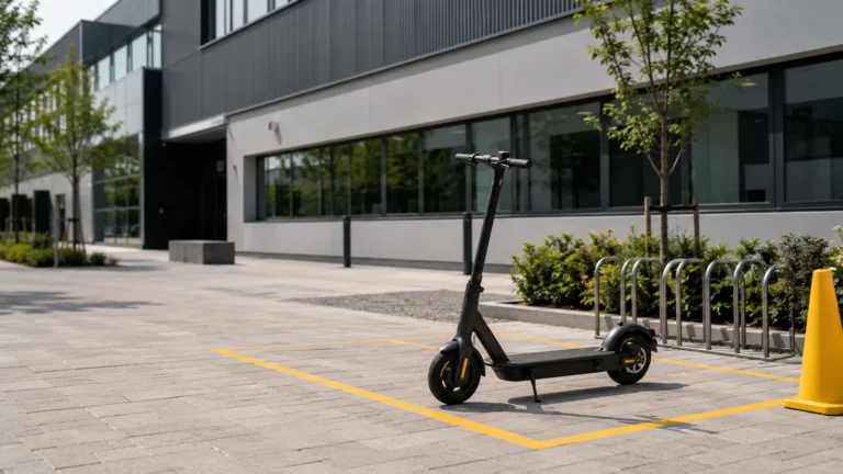 Privater E-Scooter auf einem Firmengelände mit markiertem Abstellbereich
