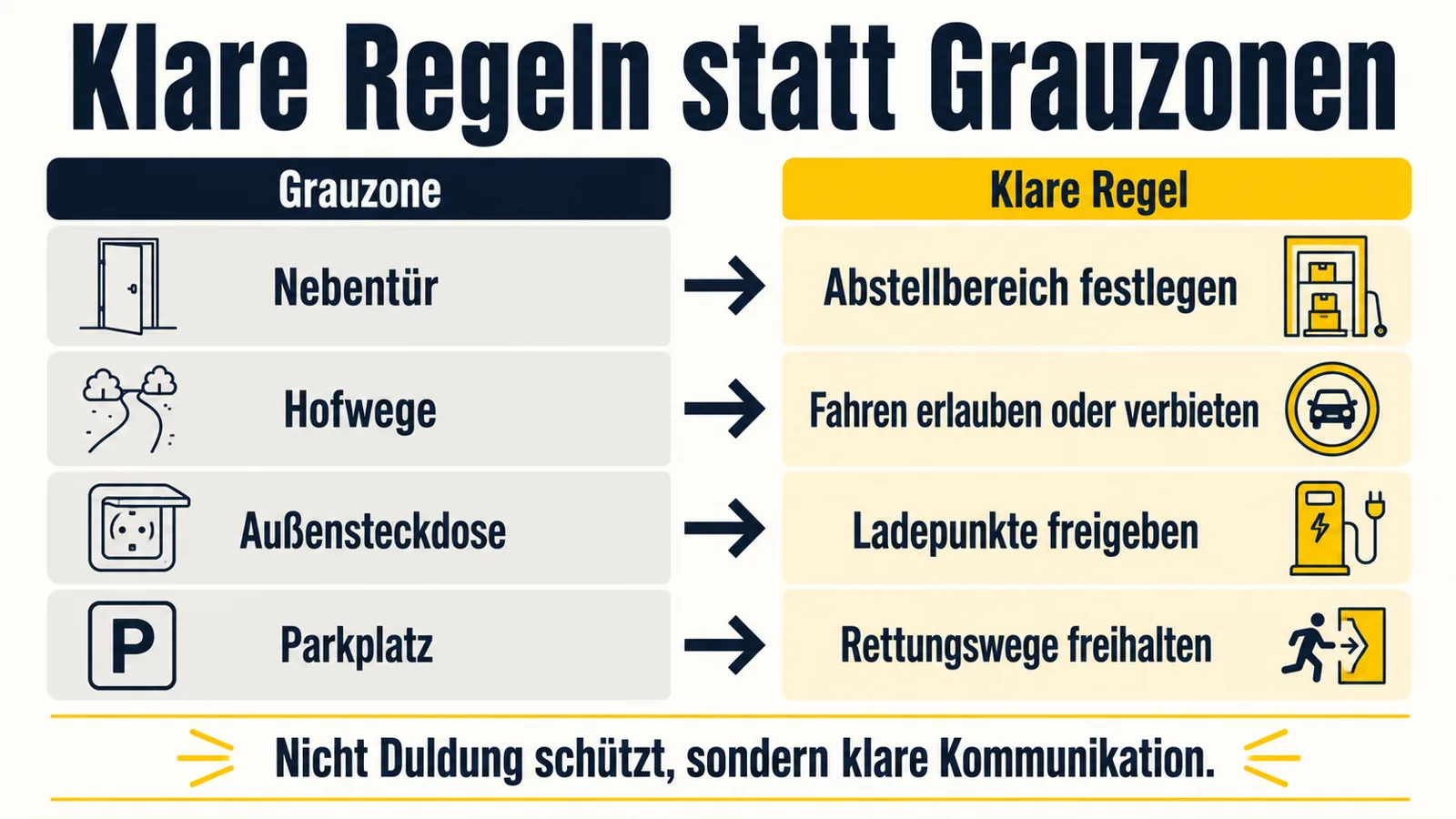 Infografik zu typischen Grauzonen und klaren Regeln für E-Scooter auf dem Firmengelände