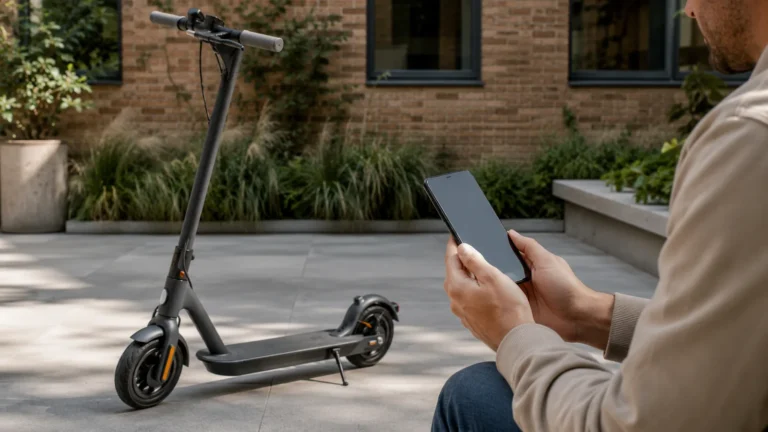 Person hält Smartphone mit dunklem Display vor abgestelltem E-Scooter, Firmware- und Update-Kontext