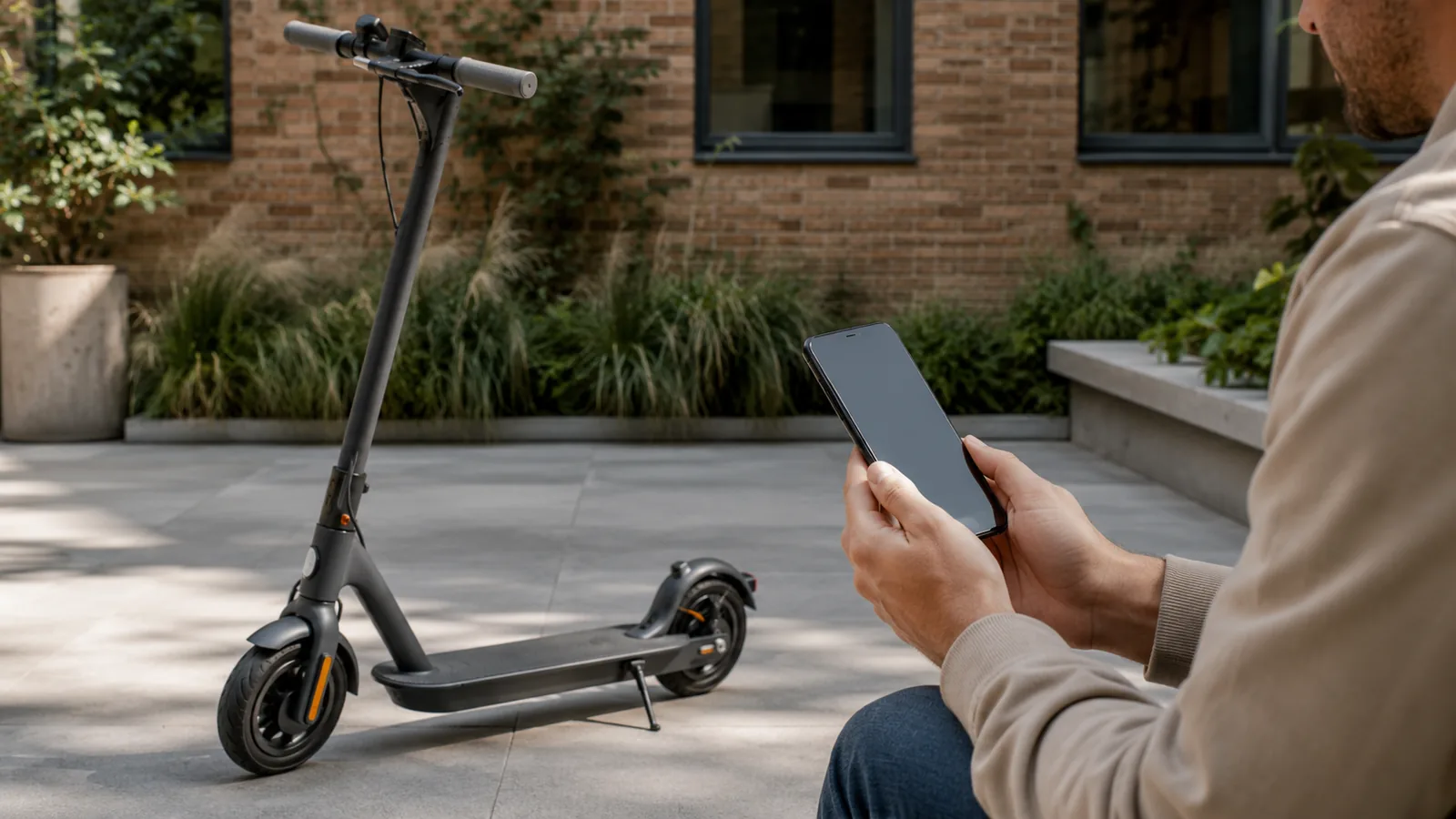 Person hält Smartphone mit dunklem Display vor abgestelltem E-Scooter, Firmware- und Update-Kontext