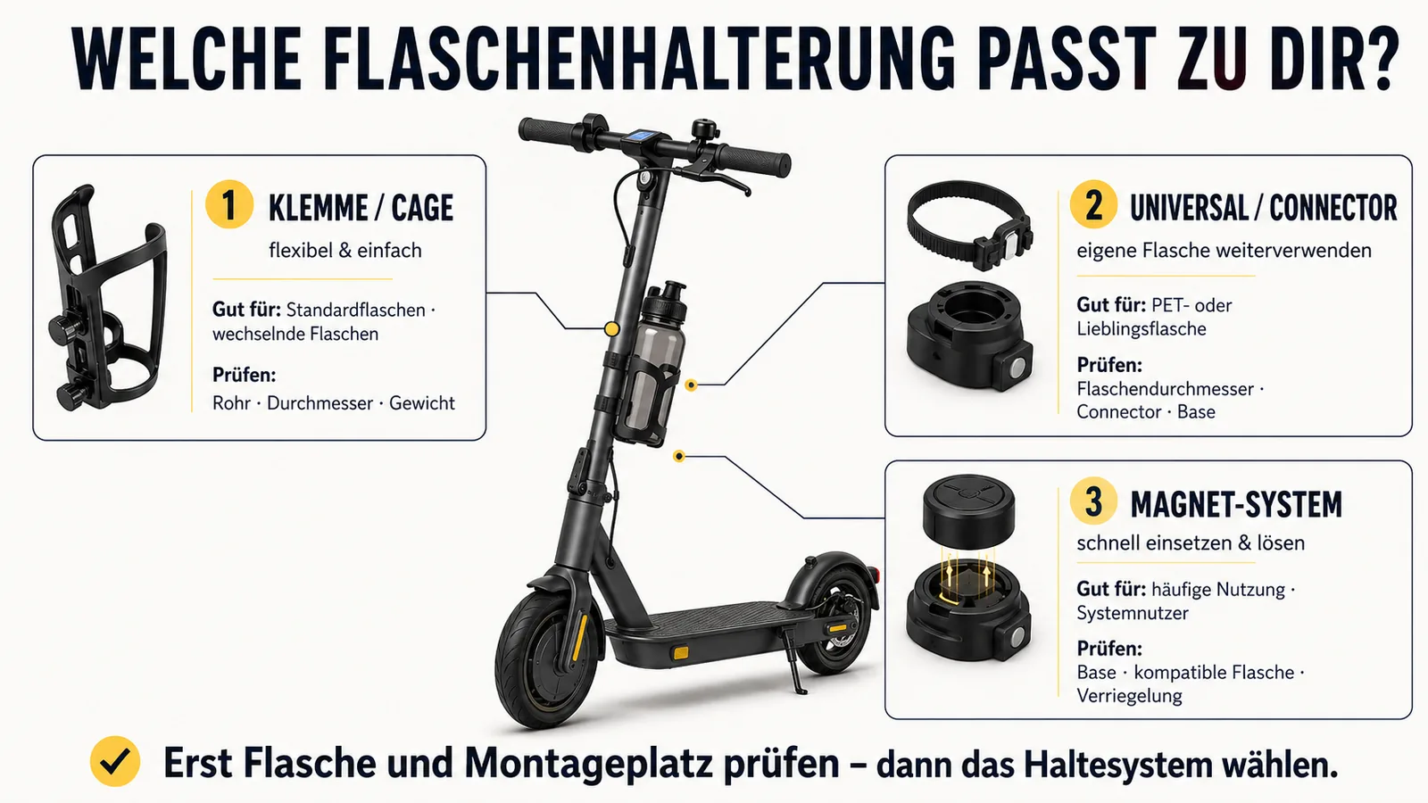 Vergleich von Klemme/Käfig, Universal-Connector und Magnet-System als Flaschenhalter für E-Scooter