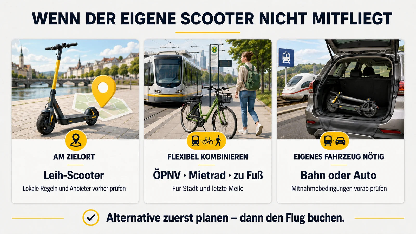Infografik: Alternativen, wenn der eigene E-Scooter nicht mitfliegt – Leih-Scooter, ÖPNV, Bahn oder Auto