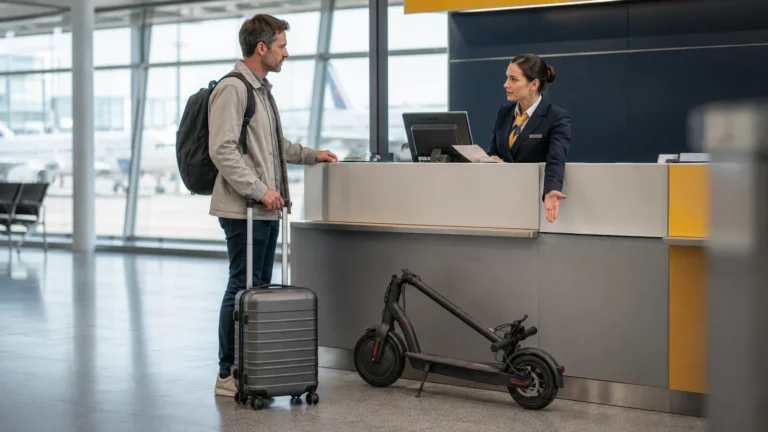 Reisender mit Koffer und E-Scooter am Check-in-Schalter im Flughafen