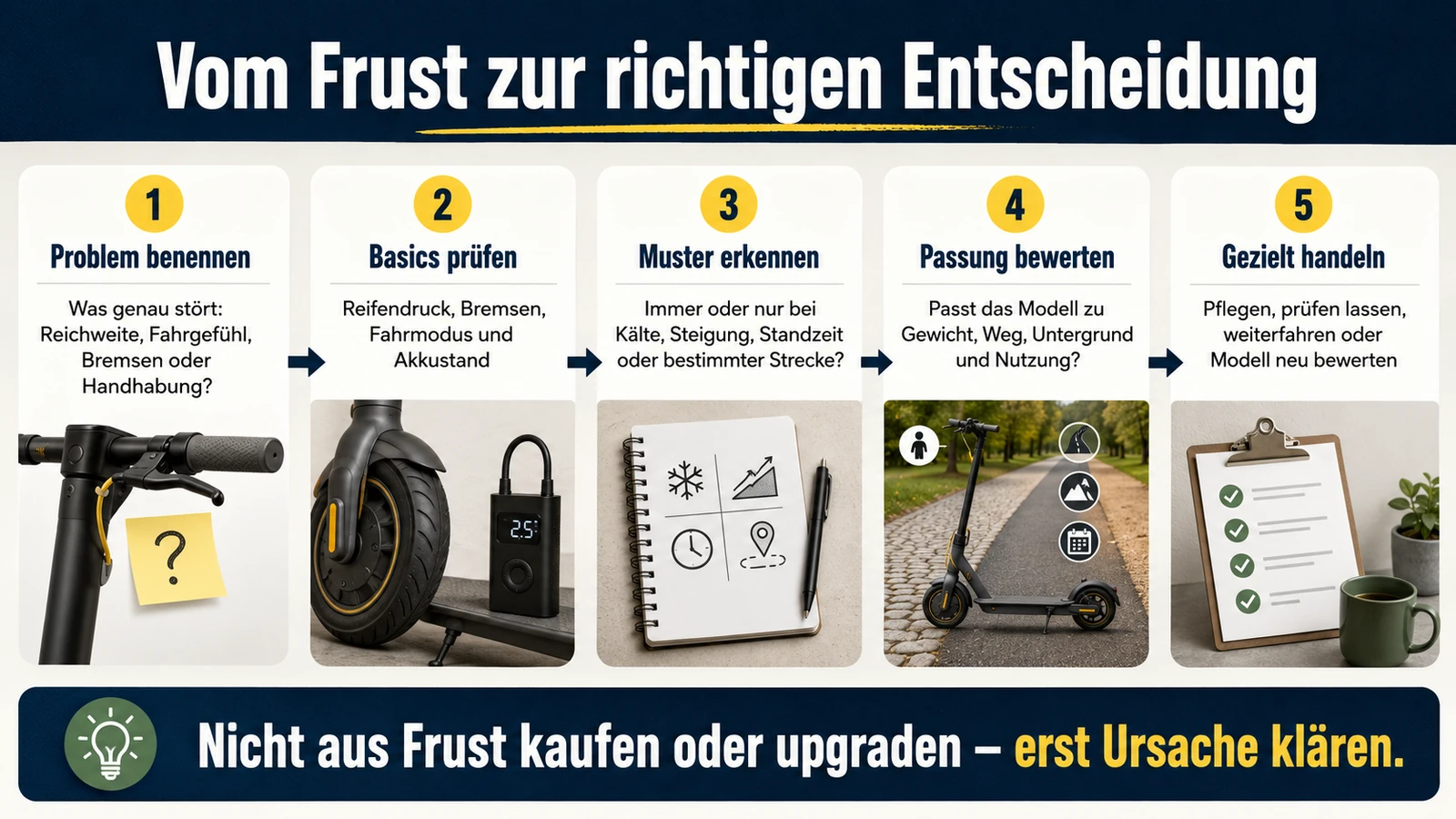 Infografik: vom Frust zur richtigen Entscheidung – Problem benennen, Basics prüfen, Muster erkennen, Passung bewerten, gezielt handeln