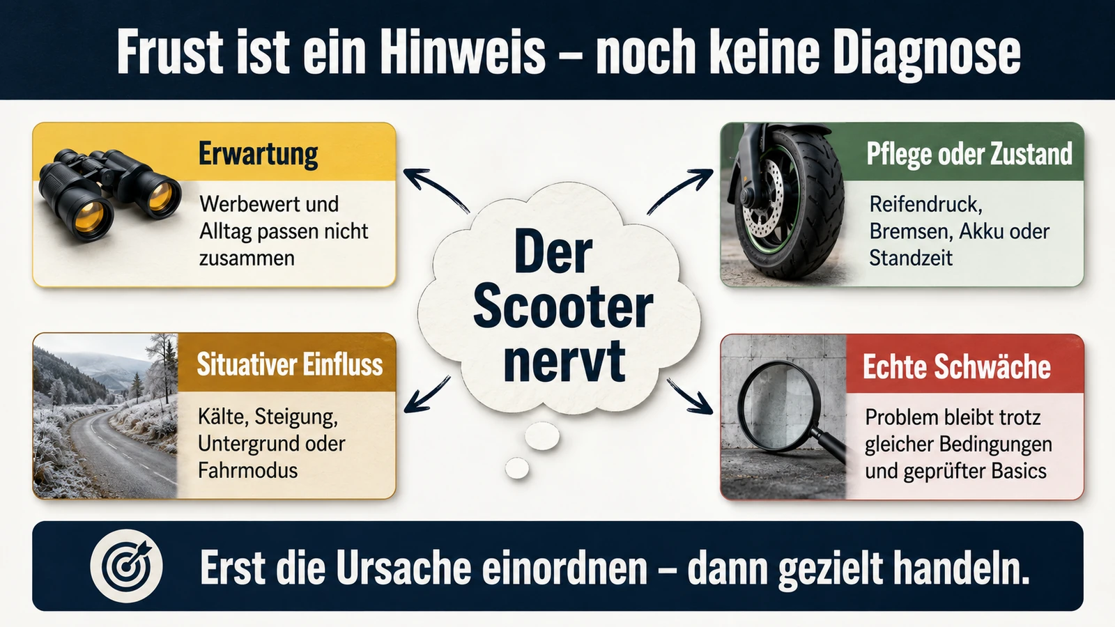 Infografik: Frust einordnen – Erwartung, Pflege oder Zustand, situativer Einfluss oder echte Schwäche