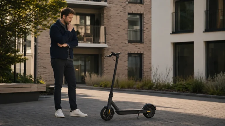 Nachdenklicher Mann steht neben seinem E-Scooter in einem Innenhof