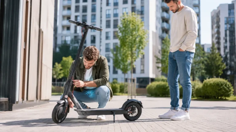 Käufer prüft einen gebrauchten E-Scooter vor dem Kauf