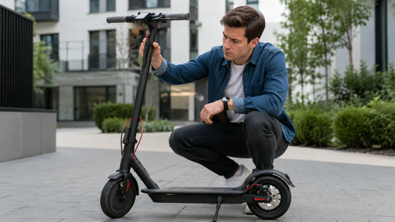 Mann kauert nachdenklich neben seinem E-Scooter und prüft die Lenkstange, weil der Roller während der Fahrt ausging