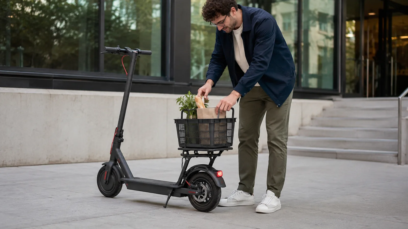 Person legt eine Einkaufstasche in einen Heckkorb an einem geparkten E-Scooter