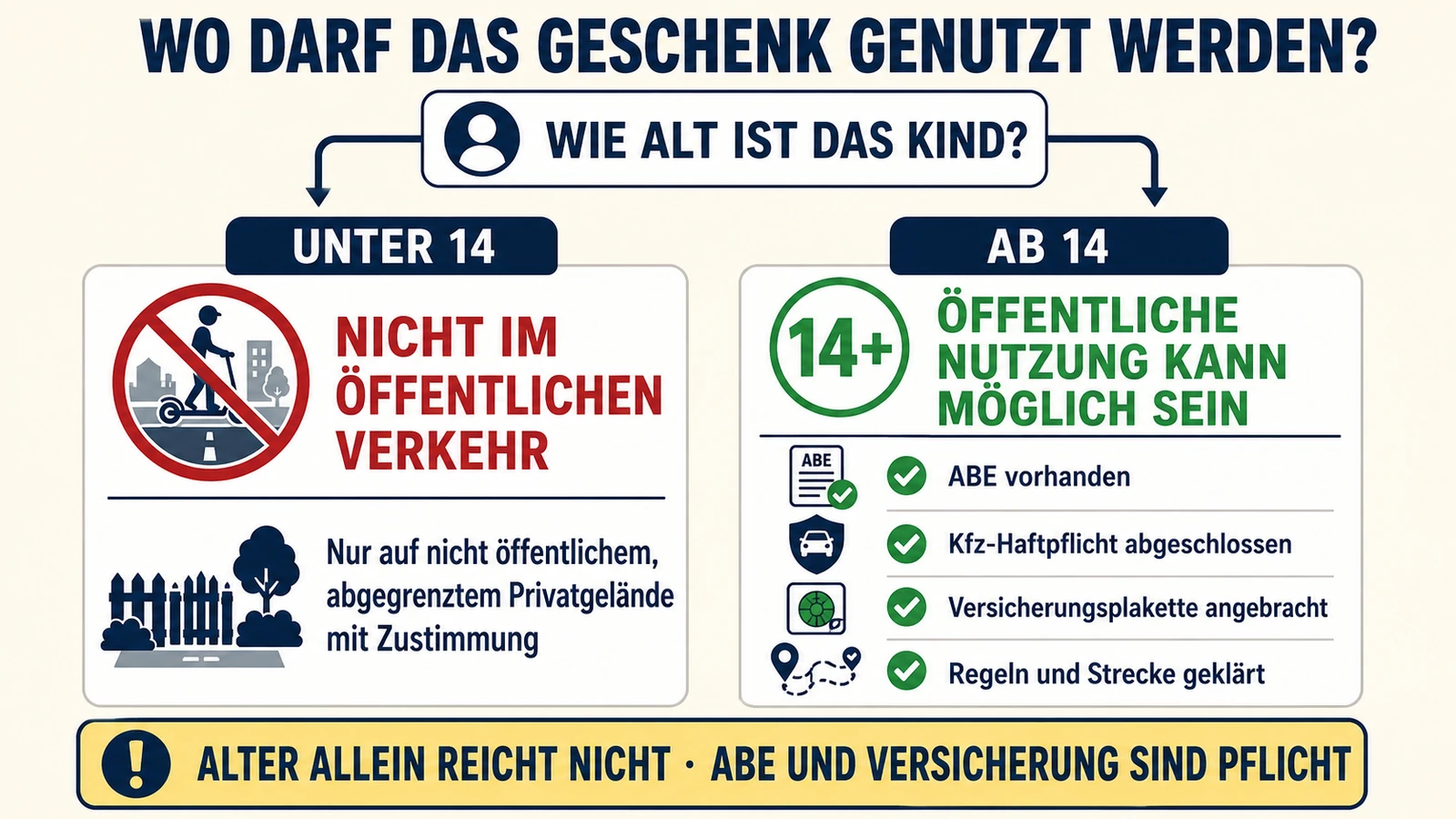 Infografik: wo ein geschenkter E-Scooter genutzt werden darf – unter 14 nur Privatgelände, ab 14 mit ABE und Versicherung