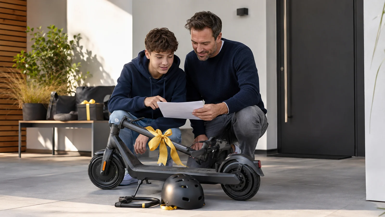 Vater und Jugendlicher betrachten Unterlagen neben einem E-Scooter mit Geschenkschleife und Helm