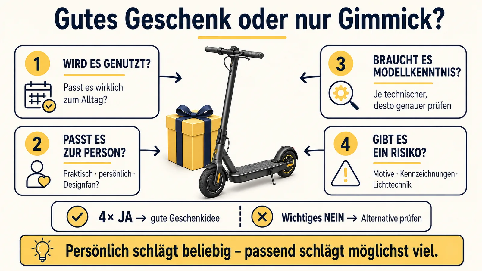 Vier Prüffragen zu Nutzung, Person, Modellkenntnis und Risiko vor dem Kauf eines E-Scooter-Geschenks