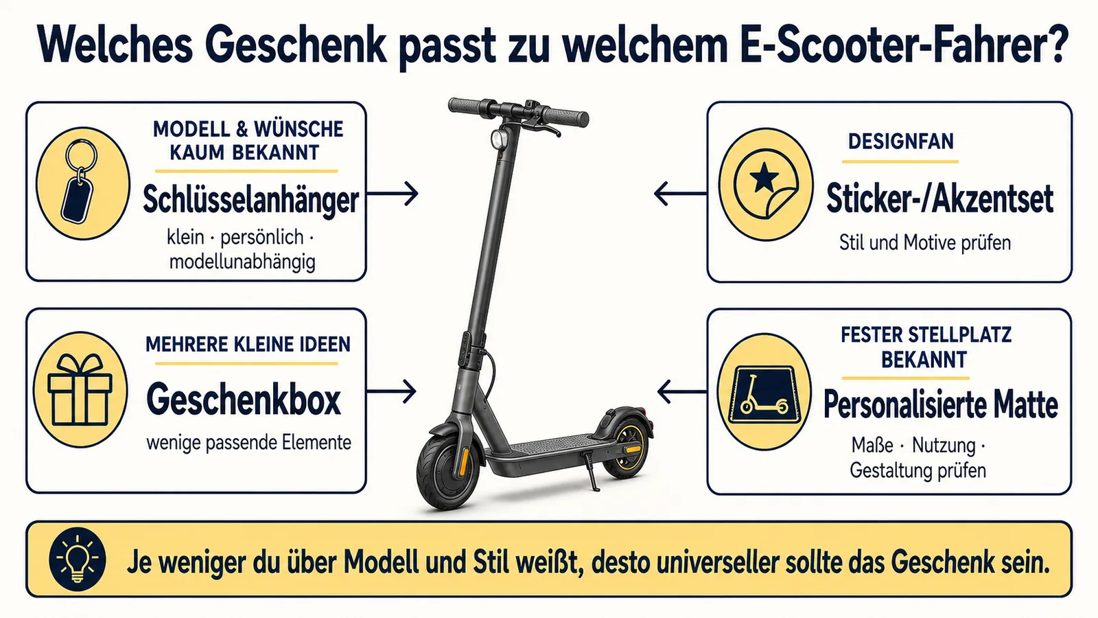 Entscheidungshilfe zwischen Schlüsselanhänger, Geschenkbox, Sticker-Akzentset und personalisierter Matte für E-Scooter-Fahrer