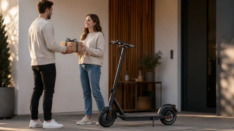 Person überreicht ein verpacktes Geschenk, daneben steht ein moderner E-Scooter vor einem Hauseingang