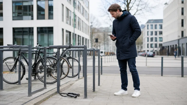 Mann am Smartphone neben einem leeren Fahrradständer mit aufgetrenntem Schloss