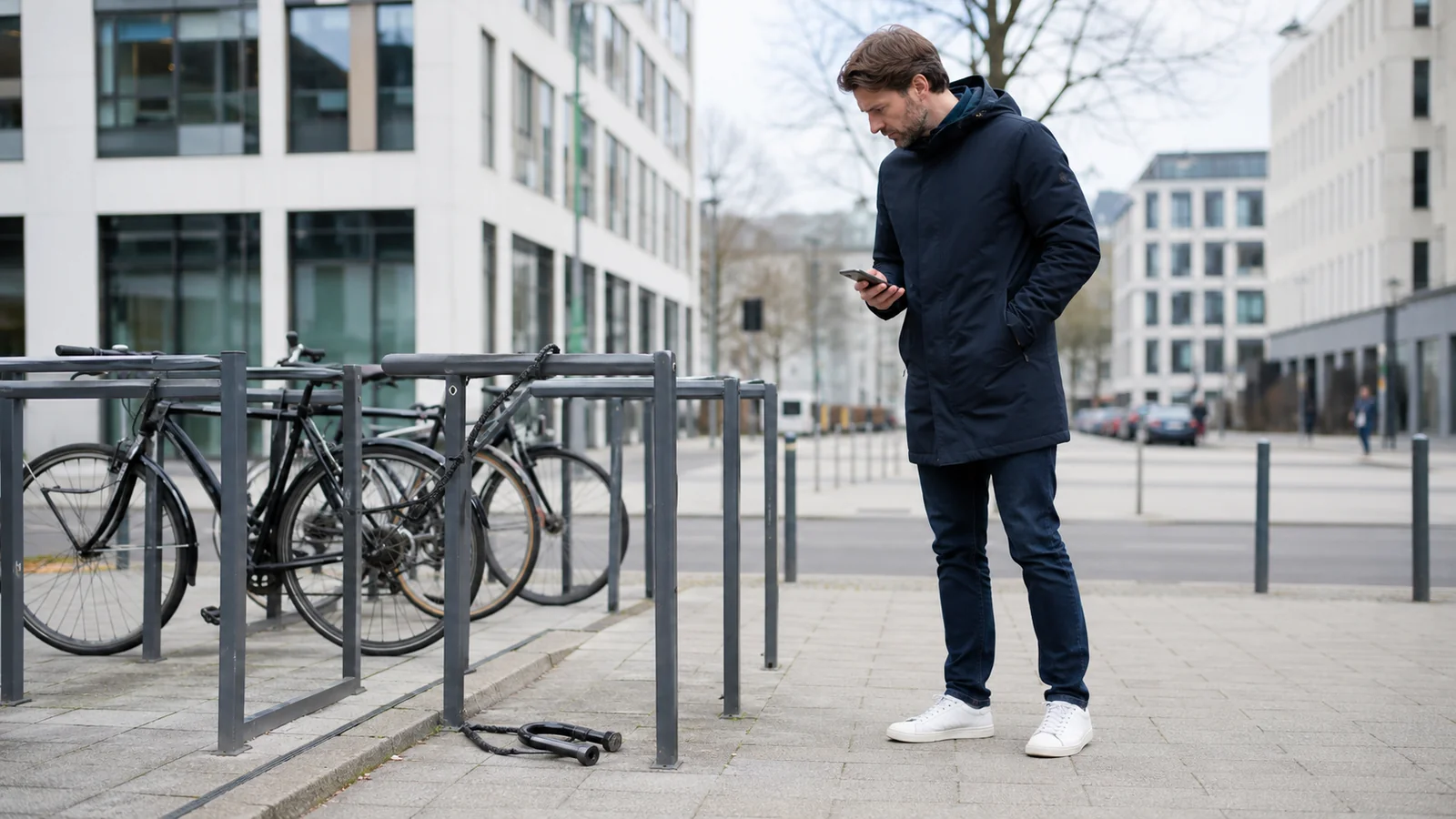 Mann am Smartphone neben einem leeren Fahrradständer mit aufgetrenntem Schloss