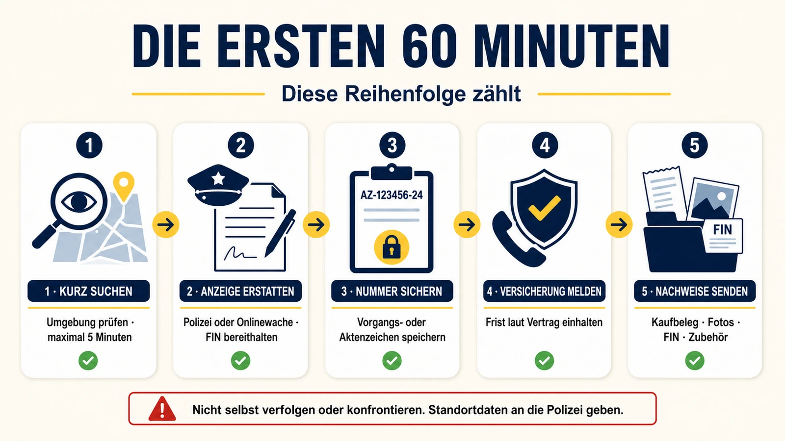 Infografik: die ersten 60 Minuten nach E-Scooter-Diebstahl – suchen, Anzeige, Nummer sichern, Versicherung, Nachweise