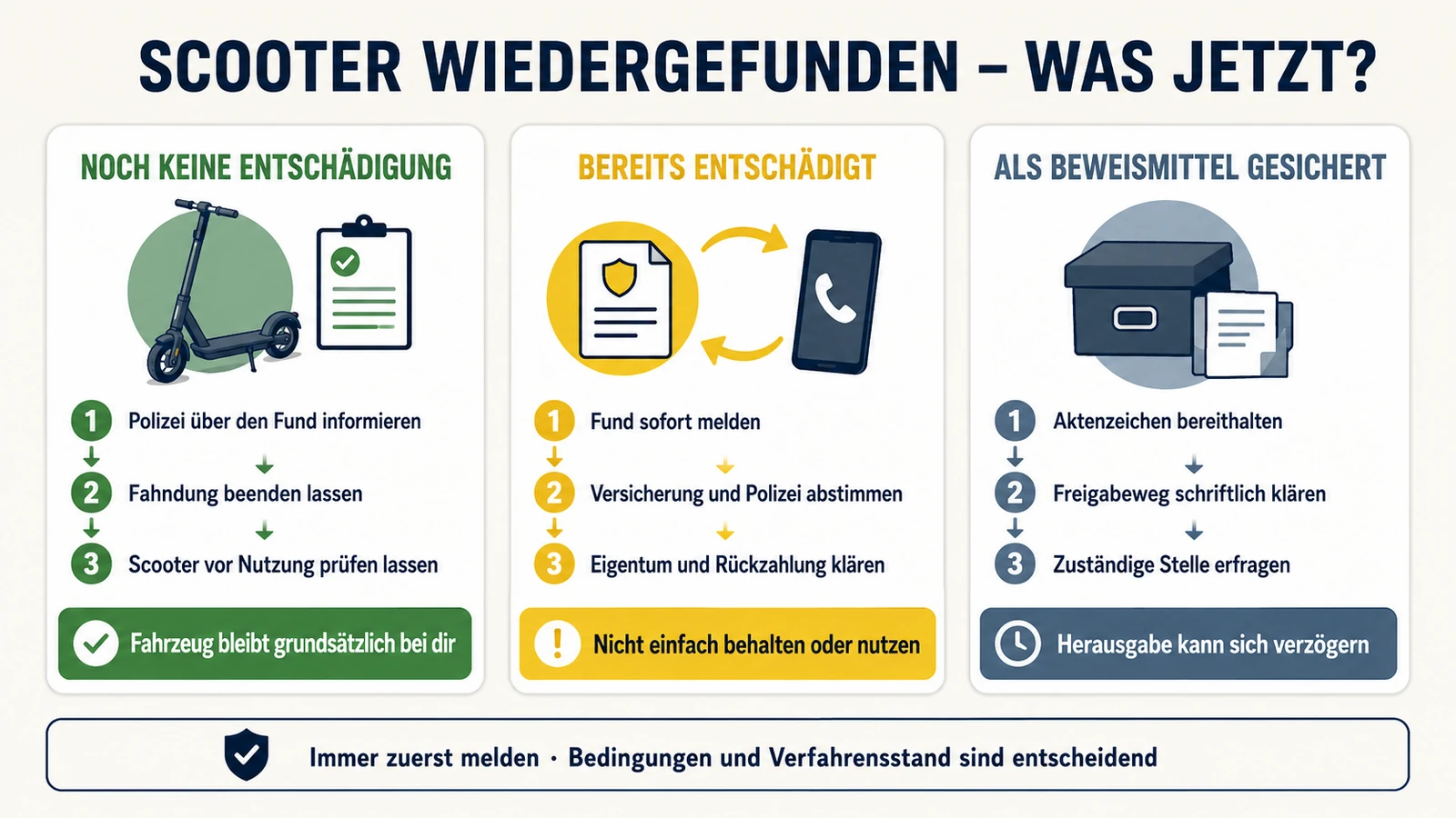 Infografik: E-Scooter wiedergefunden – drei Fälle je nach Entschädigung und Beweismittel