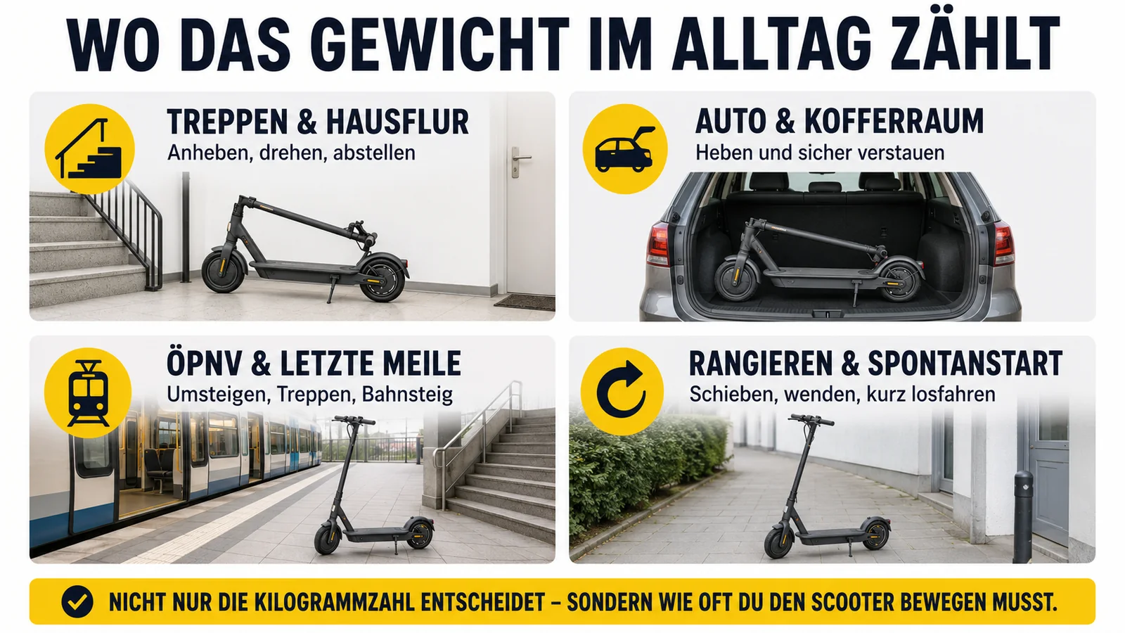 Infografik: wo das E-Scooter-Gewicht im Alltag zählt – Treppen, Auto, ÖPNV, Rangieren