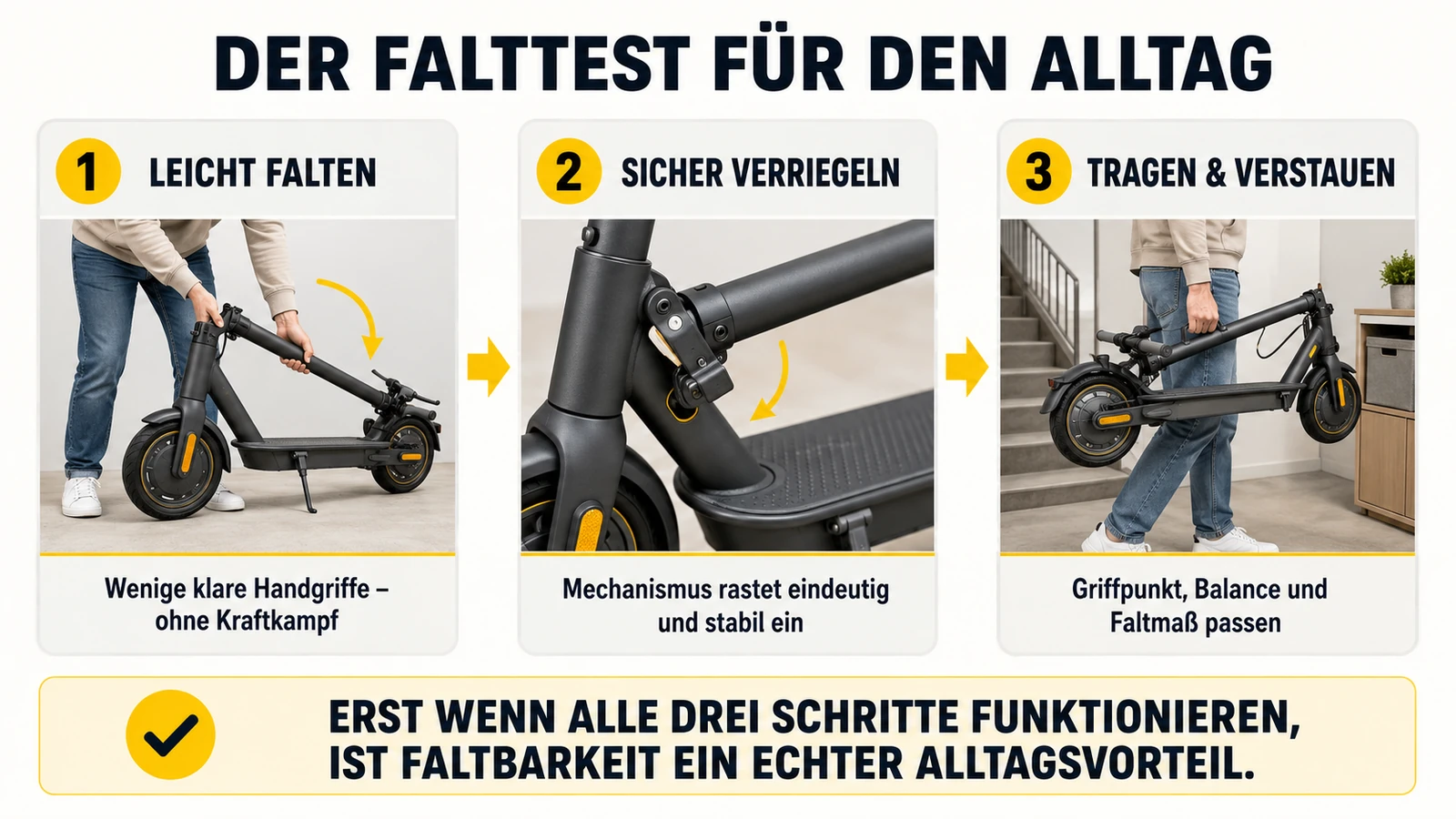 Infografik: der Falttest in drei Schritten – falten, verriegeln, tragen
