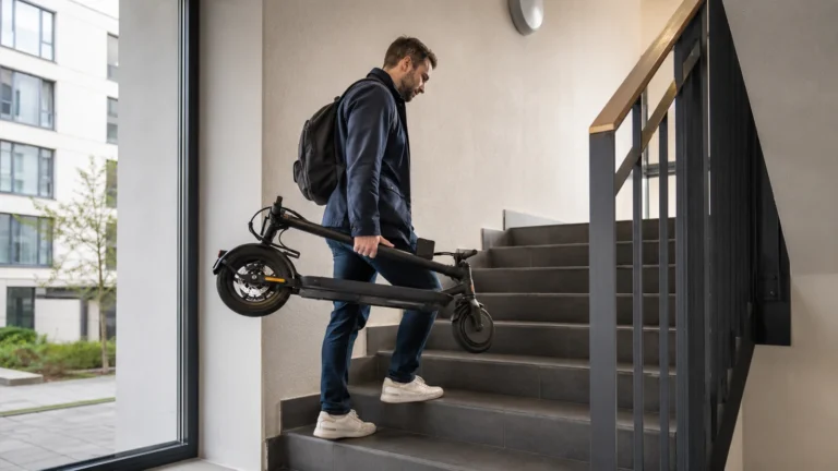 Mann trägt einen zusammengefalteten E-Scooter eine Treppe im Hausflur hinauf
