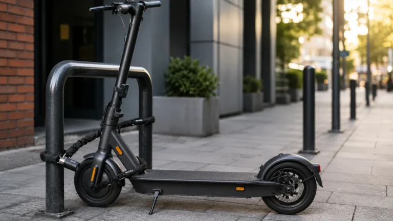 Moderner E-Scooter an einem festen Anschließpunkt mit Schloss und unauffällig integrierter Ortungslösung in urbaner Umgebung