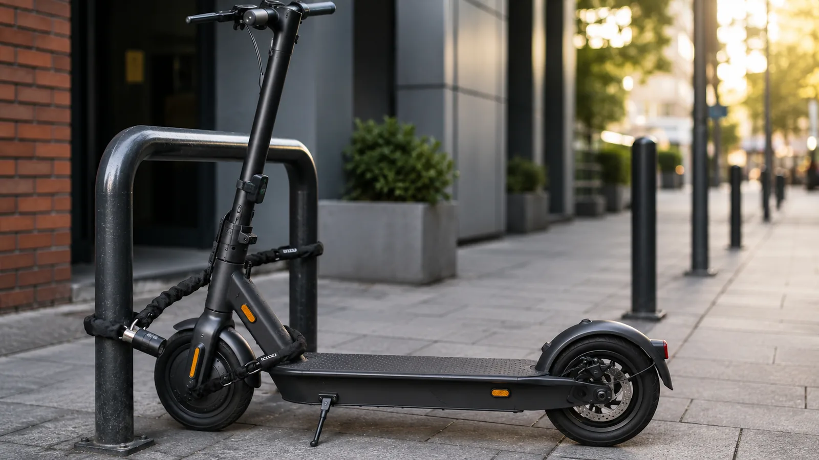 Moderner E-Scooter an einem festen Anschließpunkt mit Schloss und unauffällig integrierter Ortungslösung in urbaner Umgebung
