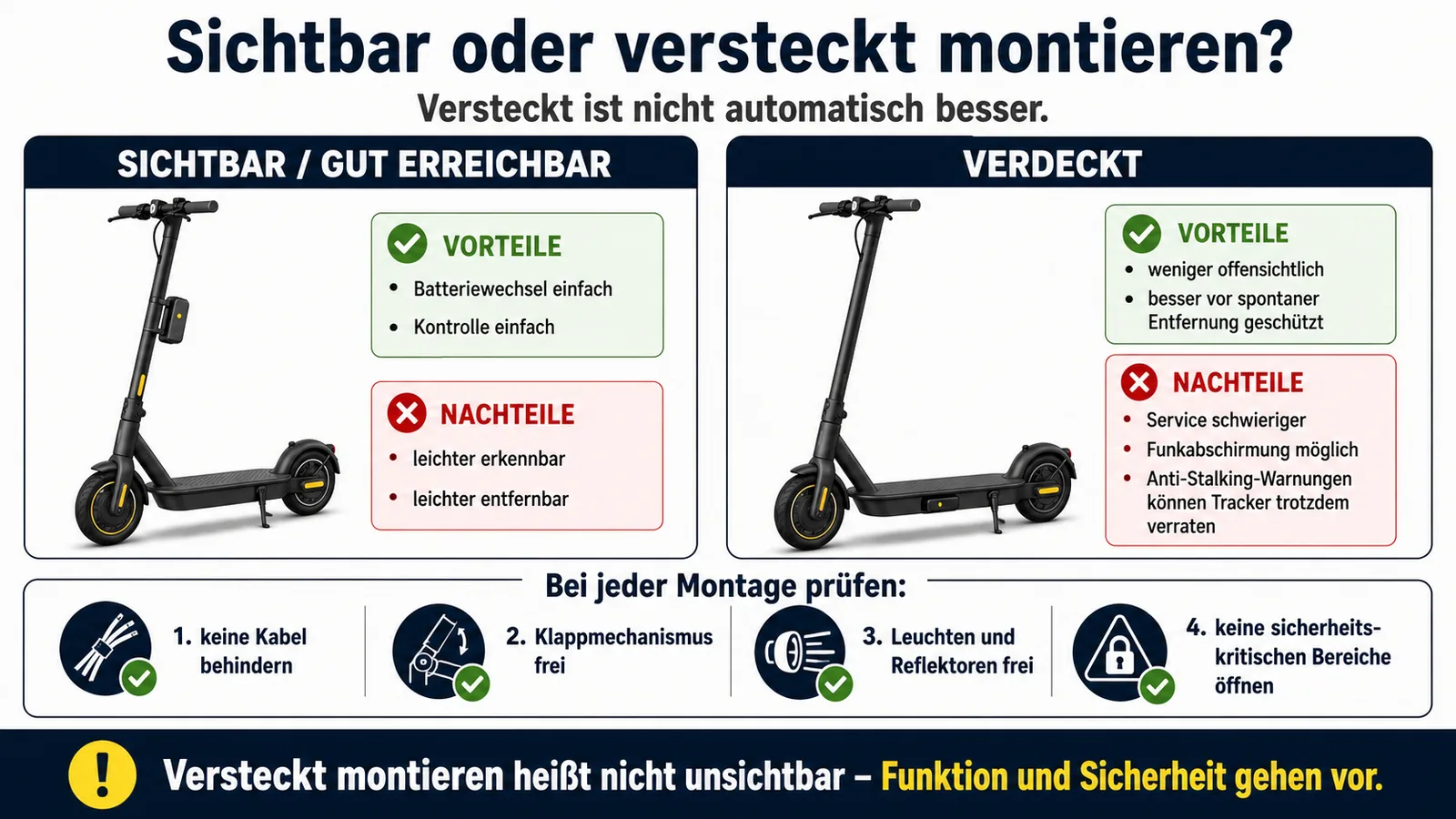 Vergleich sichtbarer und verdeckter Tracker-Montage am E-Scooter