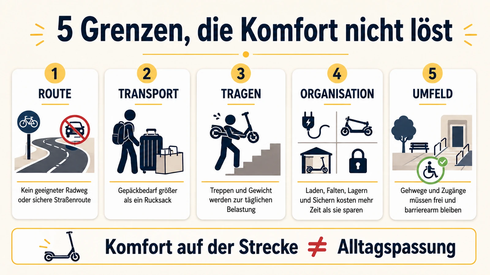 Infografik: fünf Grenzen, die Komfort nicht löst – Route, Transport, Tragen, Organisation, Umfeld