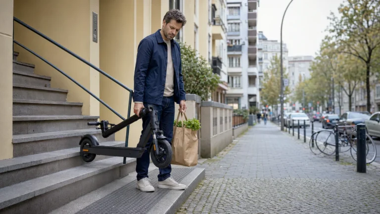 Mann trägt einen gefalteten E-Scooter mit Einkaufstüte eine Treppe hinunter