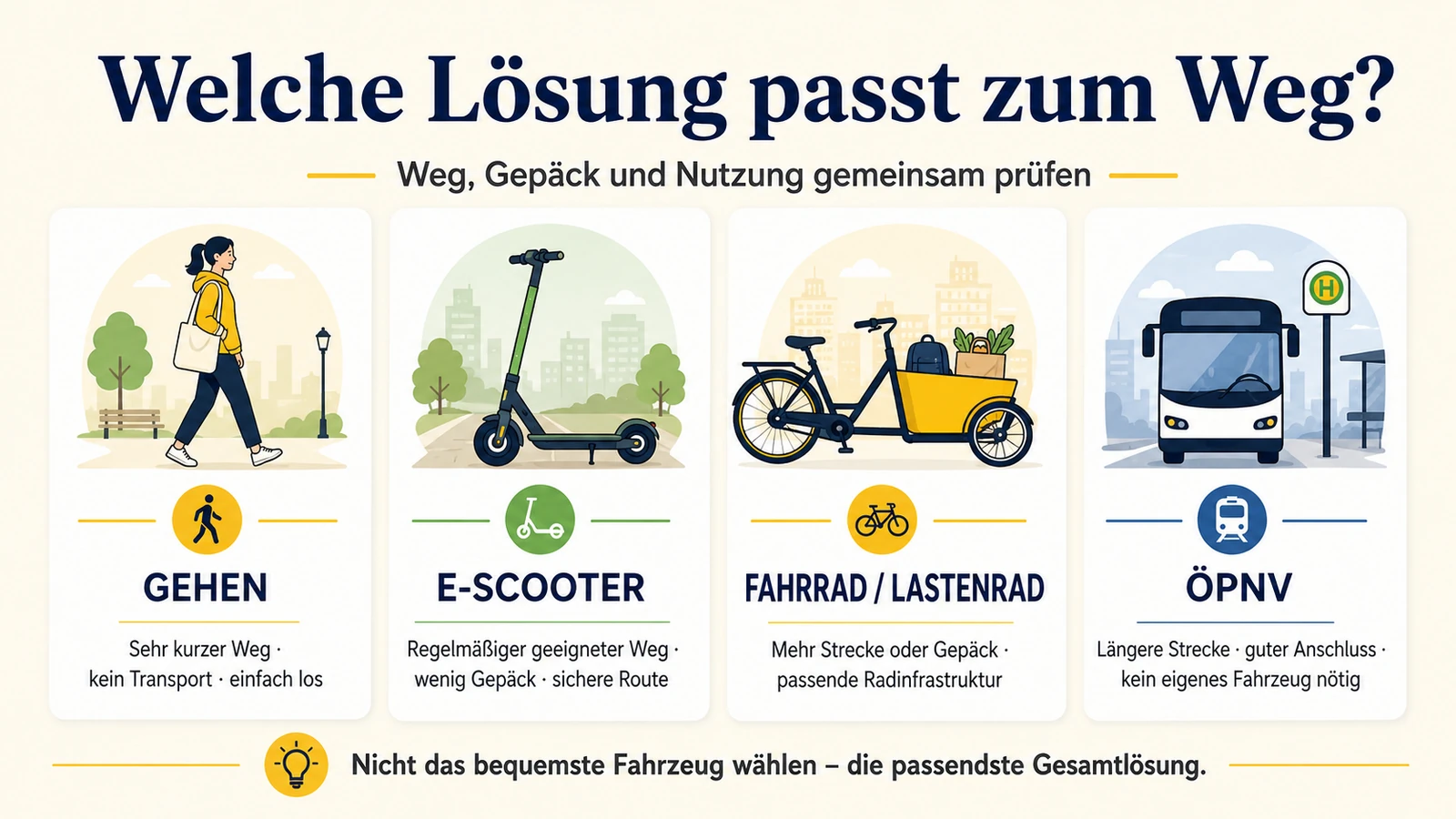 Infografik: welche Lösung zum Weg passt – Gehen, E-Scooter, Fahrrad/Lastenrad oder ÖPNV