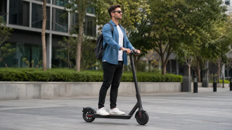 Mann fährt aufrecht auf einem E-Scooter durch eine urbane Umgebung