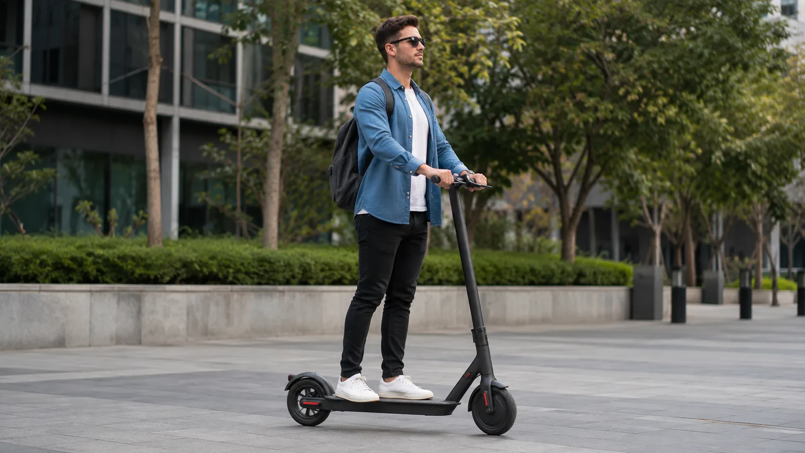 Mann fährt aufrecht auf einem E-Scooter durch eine urbane Umgebung