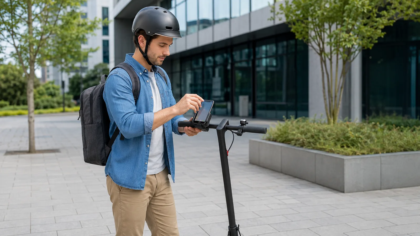 Person nutzt ein Smartphone in einer Lenker-Handyhalterung an einem geparkten E-Scooter in der Stadt