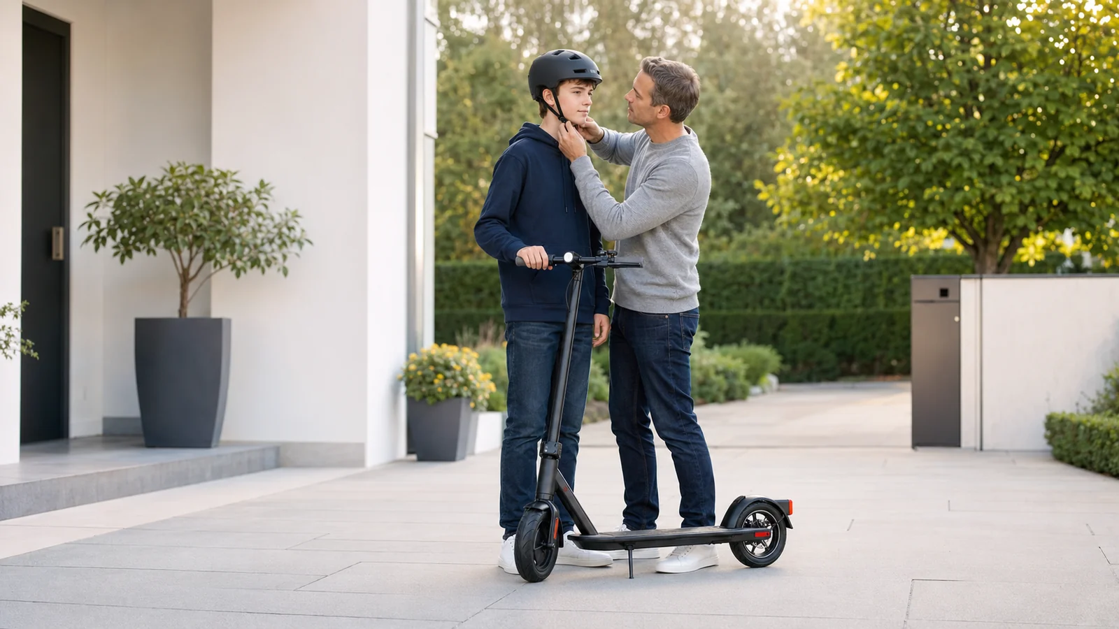 Vater passt einem Jugendlichen auf dem E-Scooter den Helm an