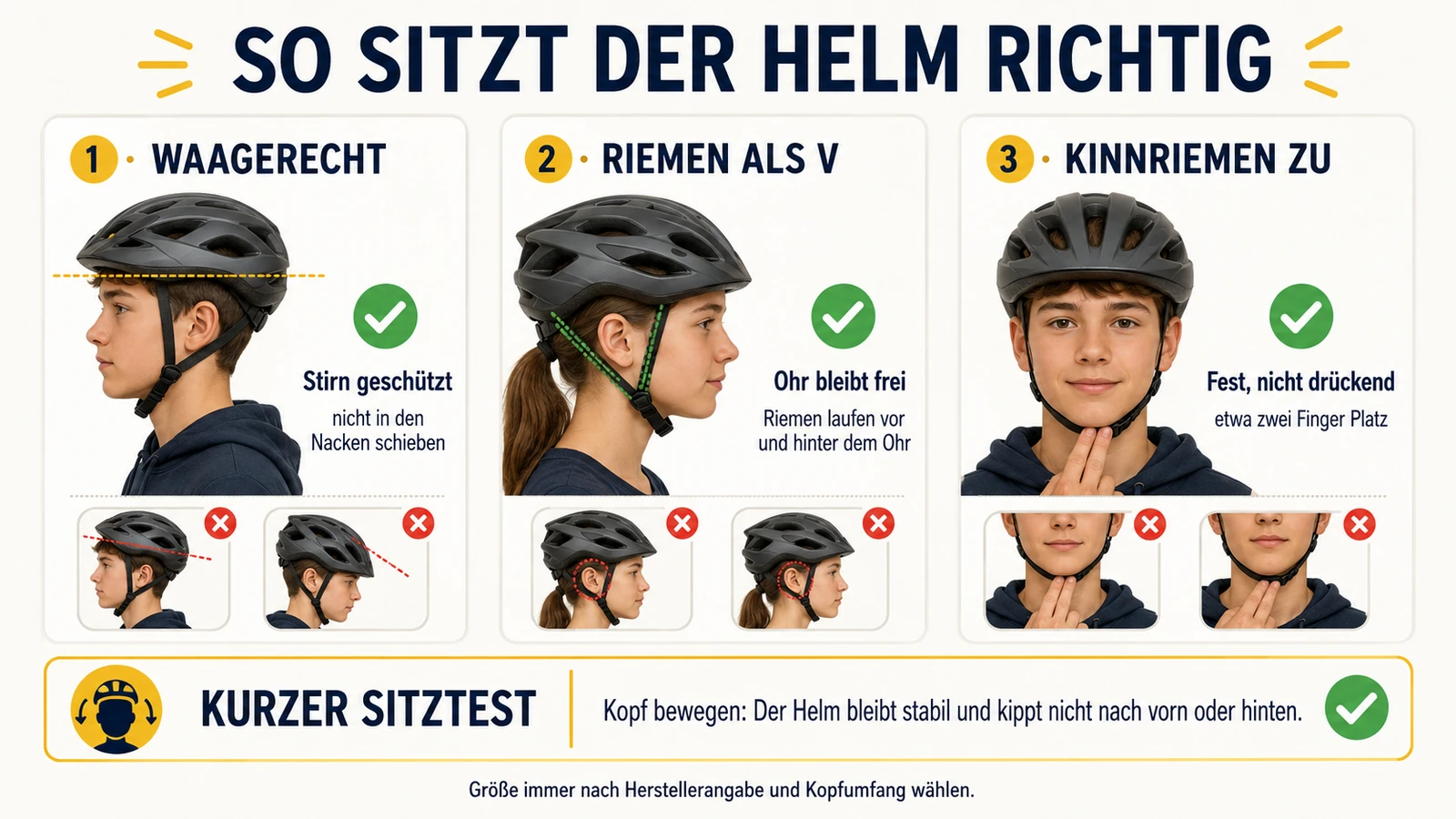 Infografik: so sitzt der Helm richtig – waagerecht, Riemen als V, Kinnriemen fest