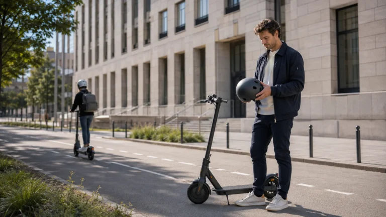 Mann hält neben seinem E-Scooter einen Helm in den Händen, im Hintergrund ein Fahrer
